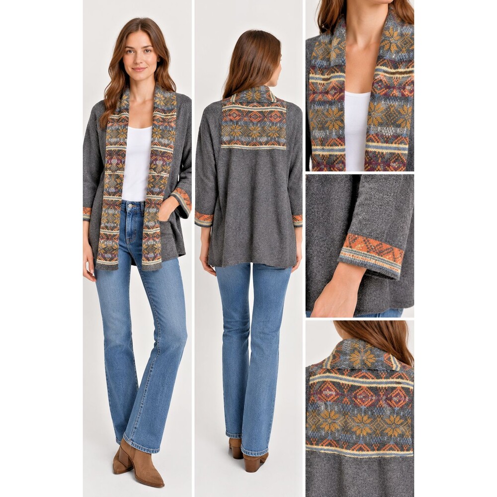 RXB Women's Gray Fair Isle Cardigan Sweater Shawl Collar Wool Blend Multicolor M